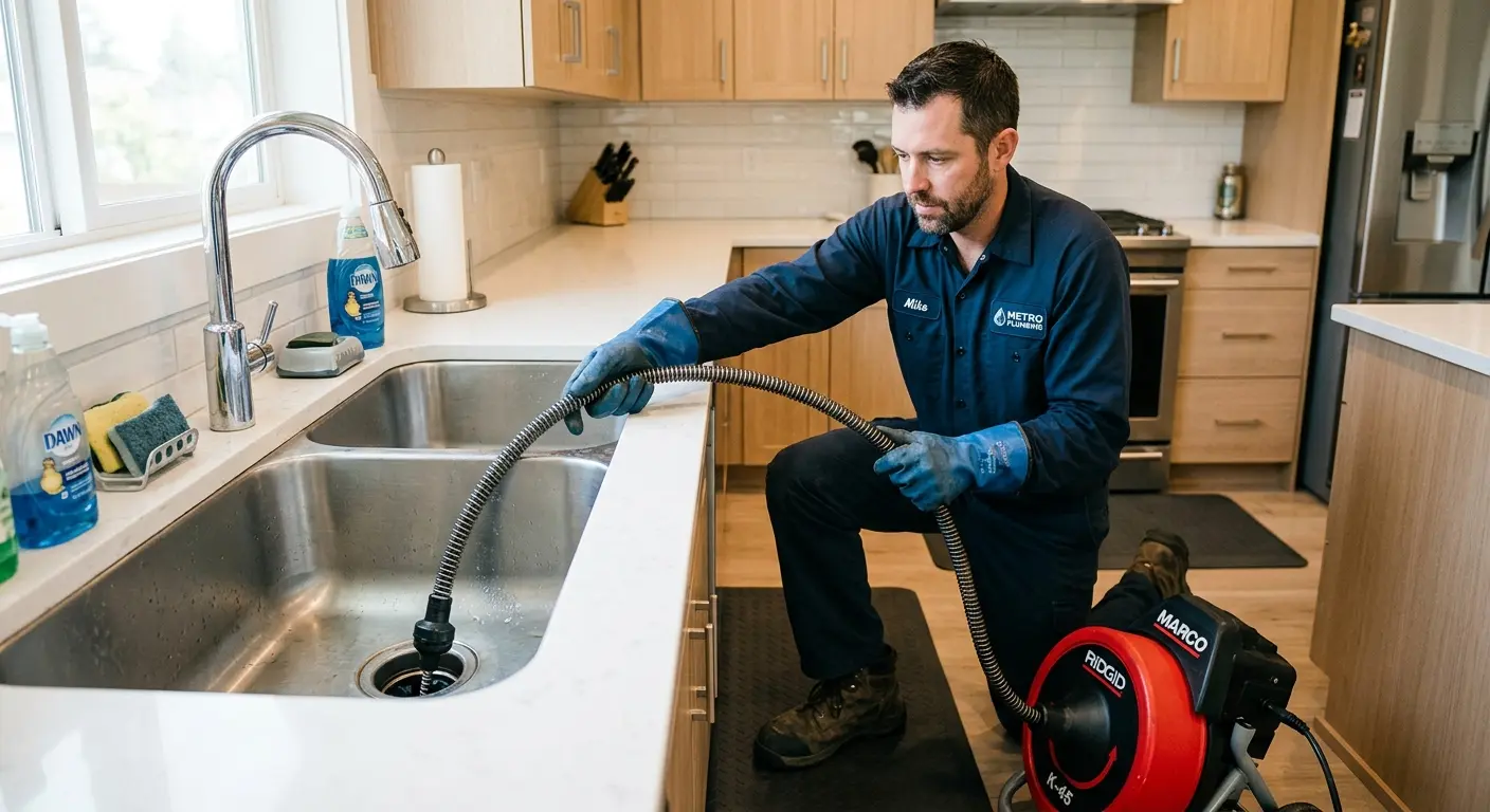 Drain cleaning technician using a motorized snake on a kitchen sink in Torrington
