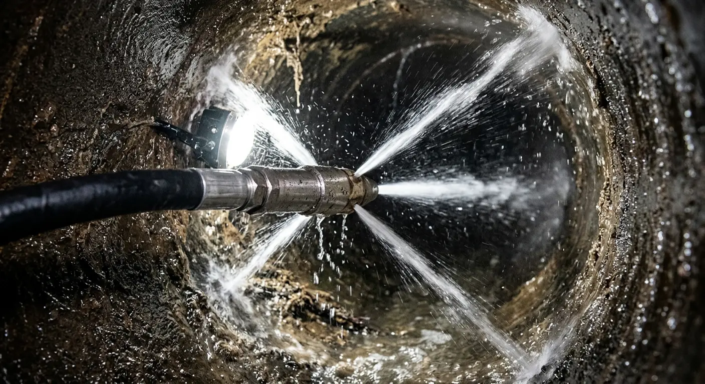 High-pressure hydro jetting nozzle cleaning sewer pipe for Trenchless Sewer Repair in Torrington