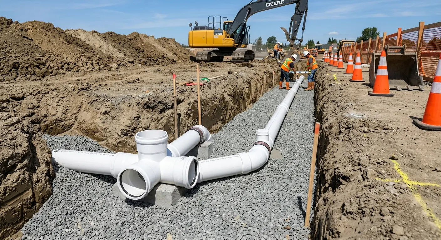 New PVC sewer pipe installation in open trench for Commercial Drain Cleaning in Torrington