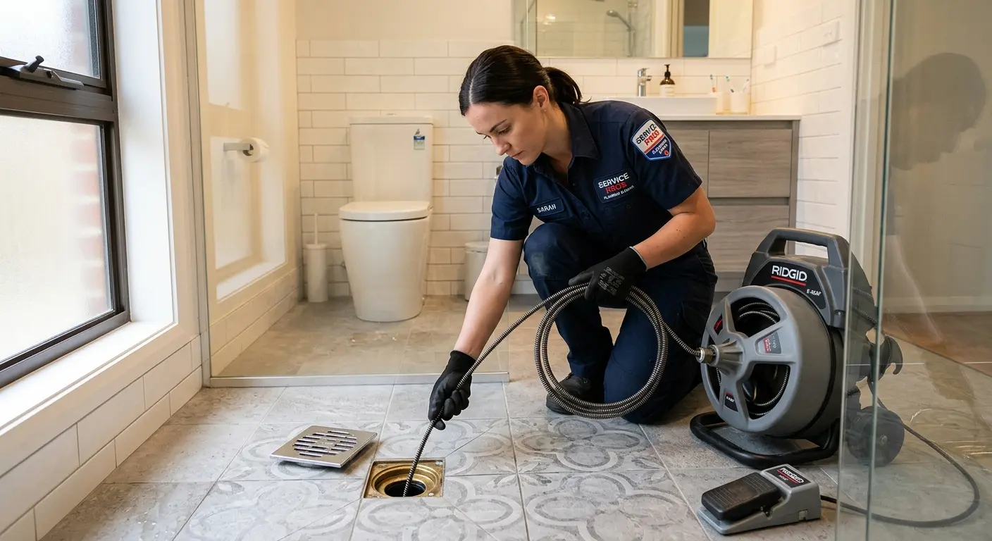 Technician clearing a bathroom floor drain for Drain Cleaning in Torrington